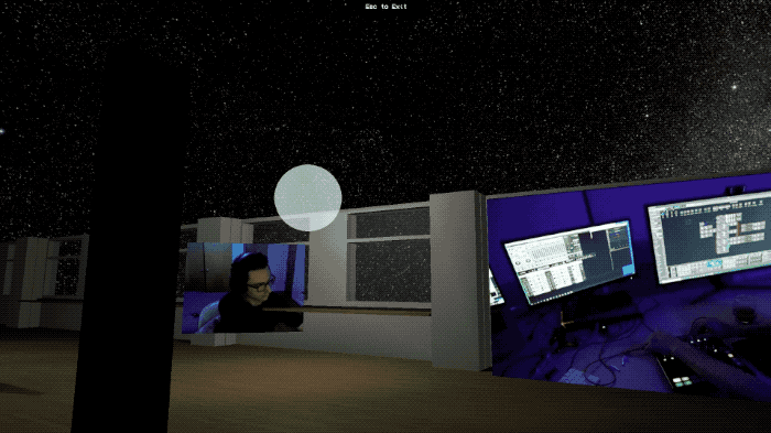 In the virtual space, the left and right audio channels are extract from the hls stream, and each channel is attached to a light, the light position and characteristics is controlled by the pixel values extracted from the stream.  The light moves around the viewer's head with the corresponding channel of audio attached to it, creating the illusion of being in a real space with moving sound and light.  Additional screens from the stream, such as the instrument view, are extracted and placed in the space.