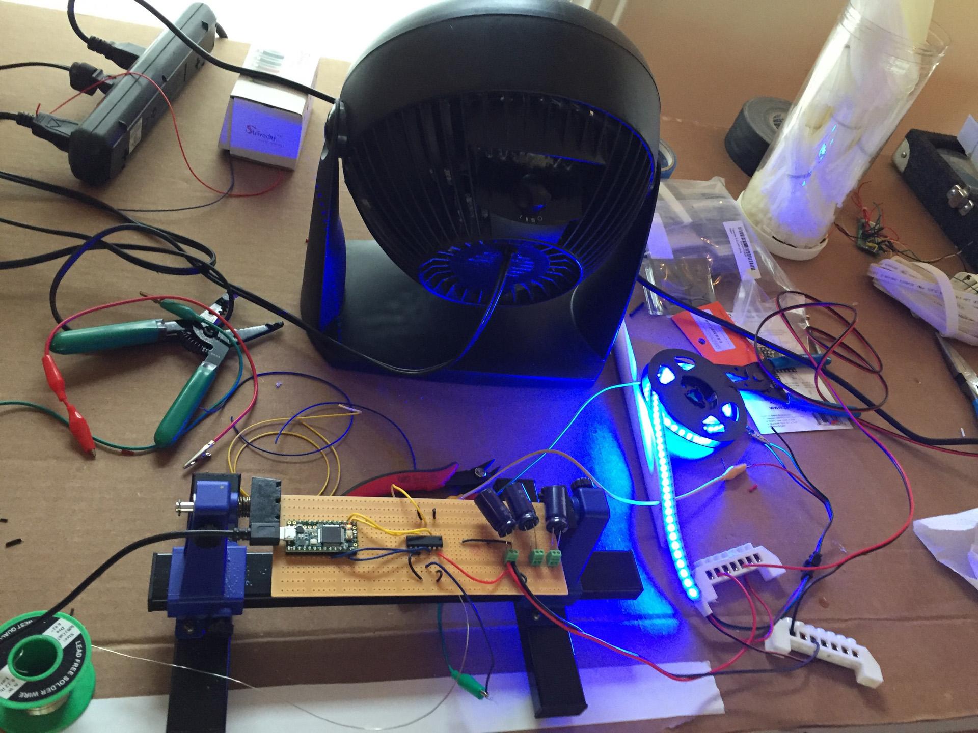 The new circuit, with power connected directly to the LED strips, and the data and clock signal from the Teensy level switched from 3.3v to 5v.